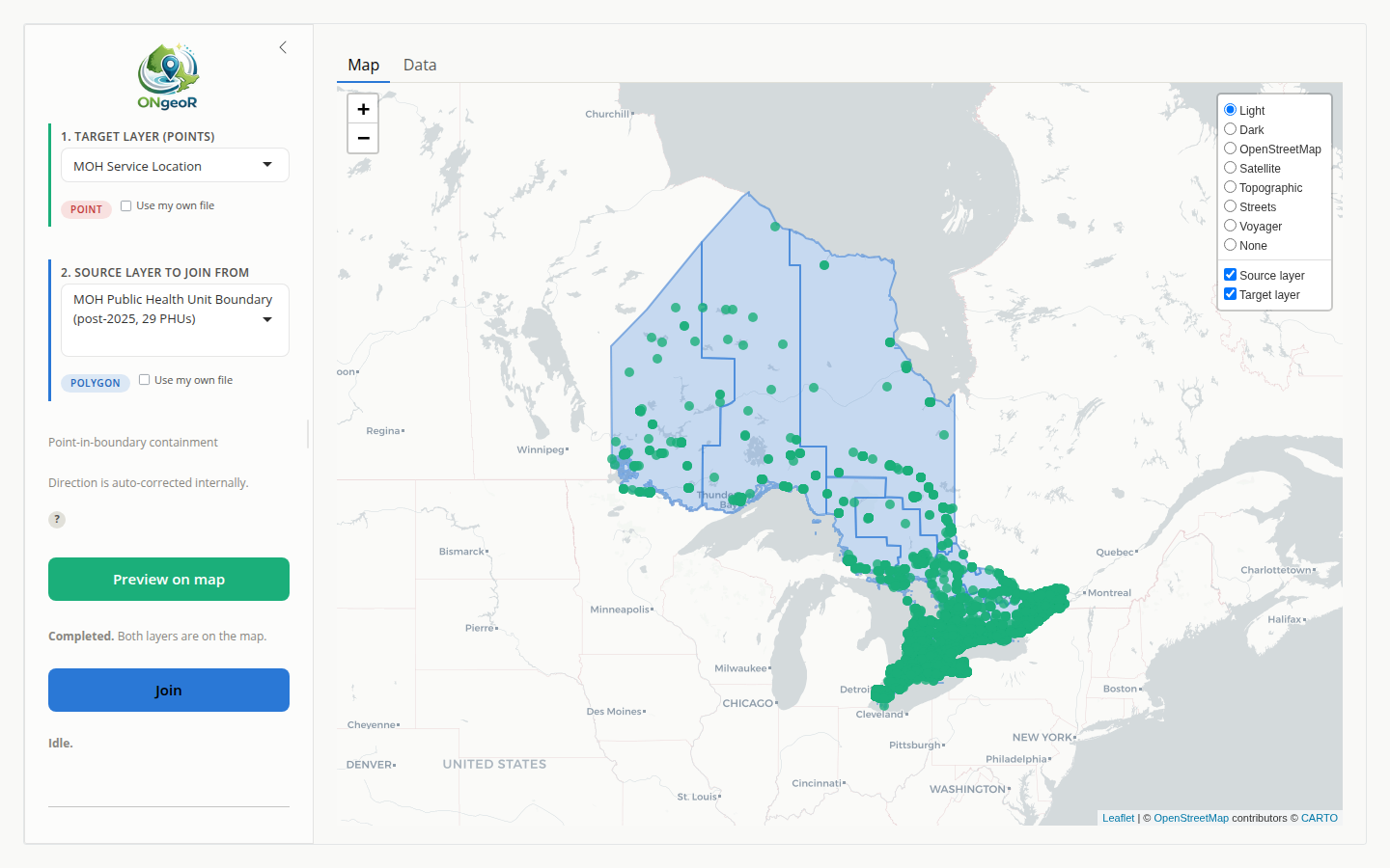 The ONgeoRapp Shiny app showing PHU boundaries and MOH service locations previewed on the map