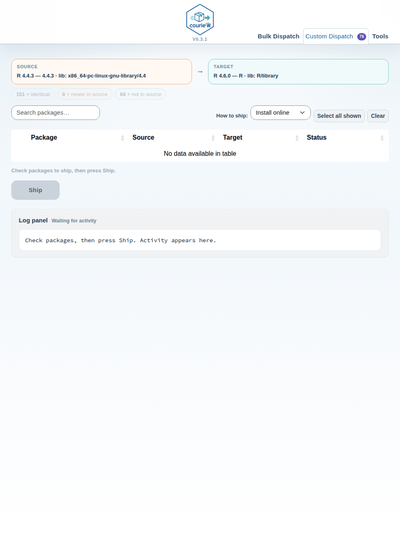 Custom Dispatch: colour-coded filter chips narrow the table to the statuses you care about; check individual packages and press Ship. The Repo column highlights packages with an unknown source in red.