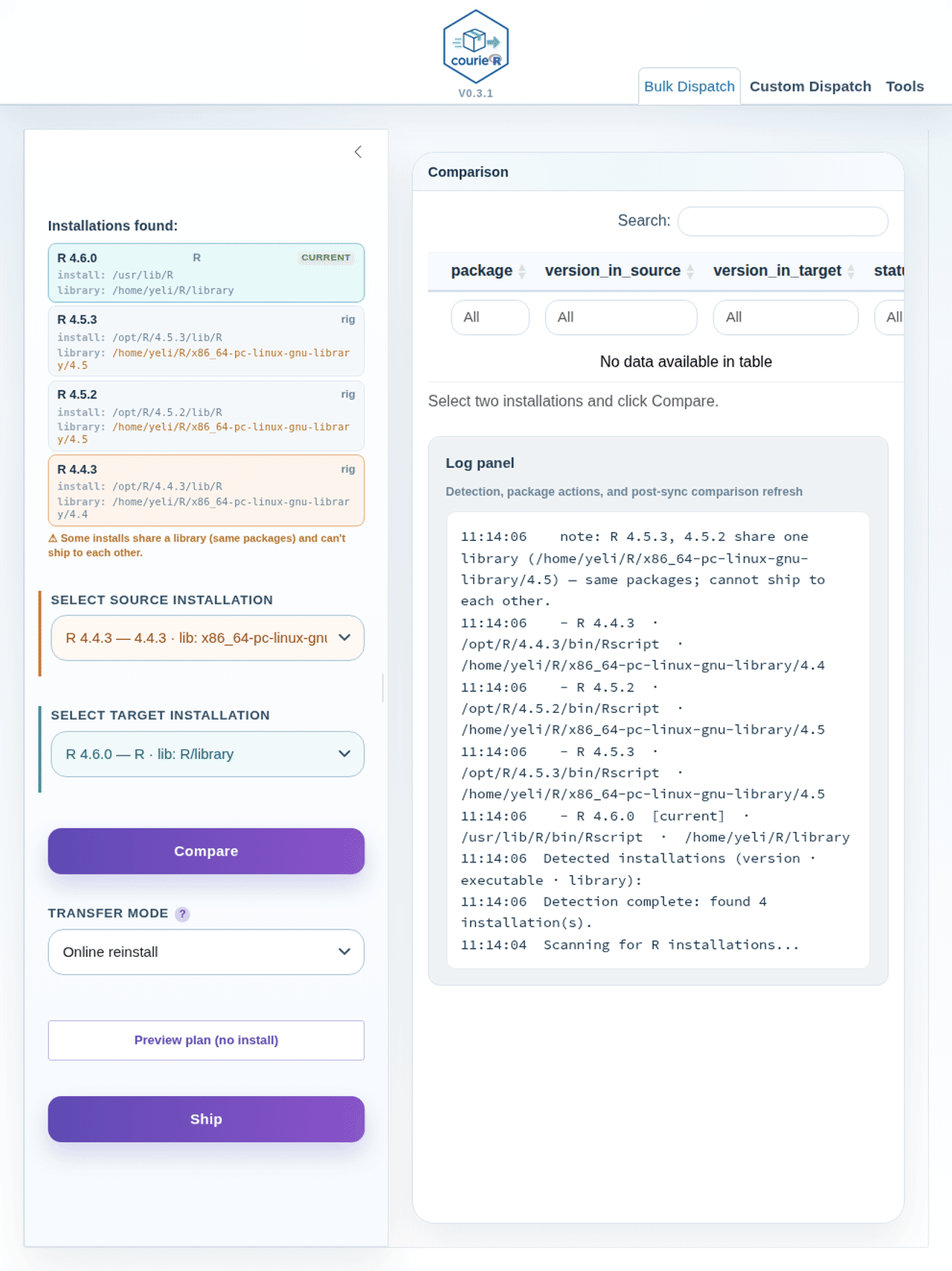 Bulk Dispatch: select source/target, compare, ship